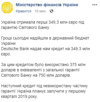 Україна отримала майже 350 млн євро кредиту під гарантію Світового банку